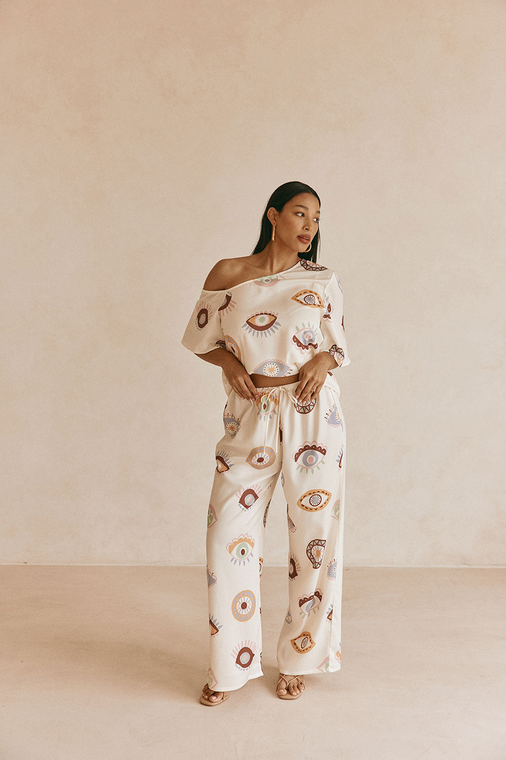 Cream Matia Print Elastic Drawstring Grace Pants