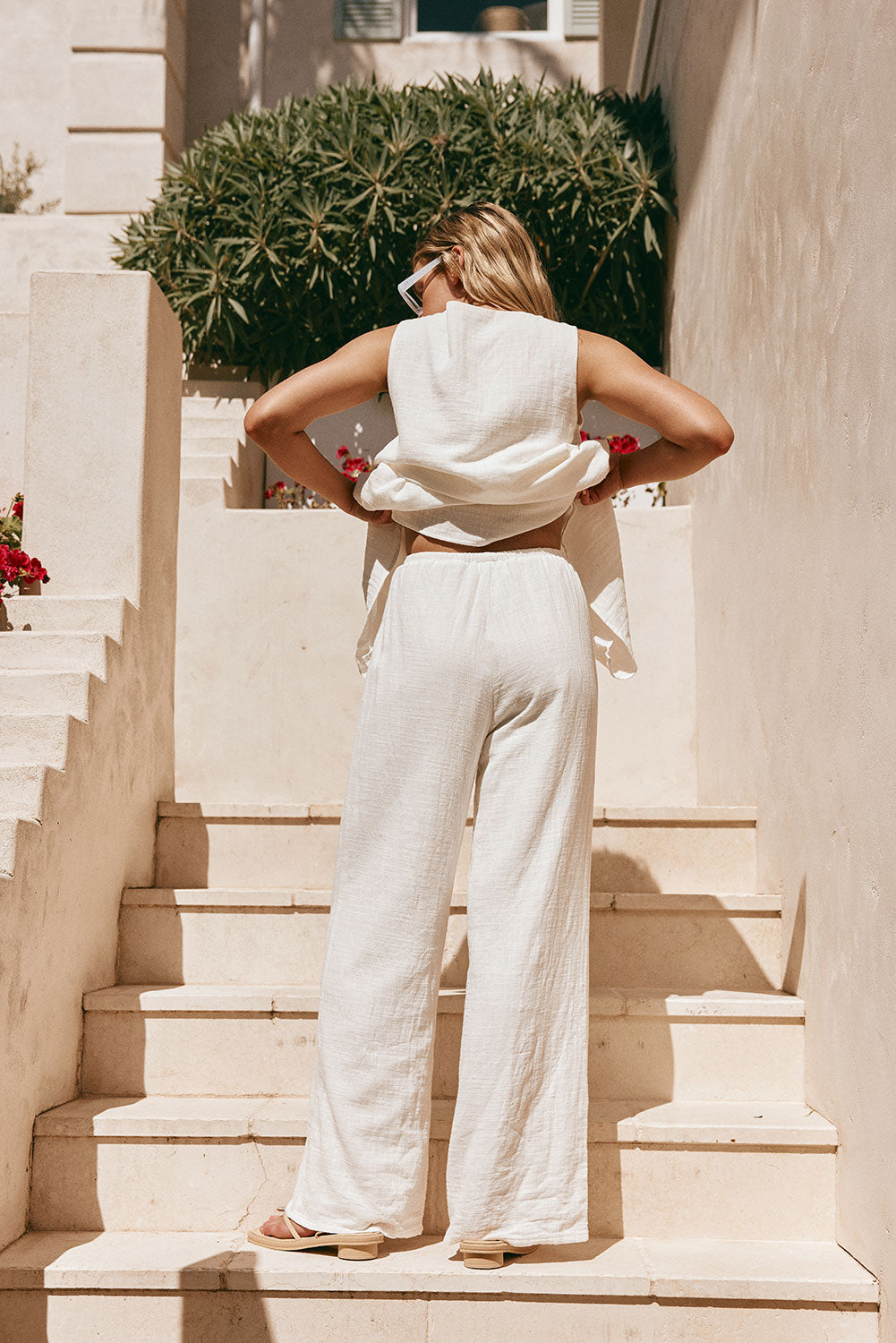 White Cotton Elastic Drawstring Gaia Pants