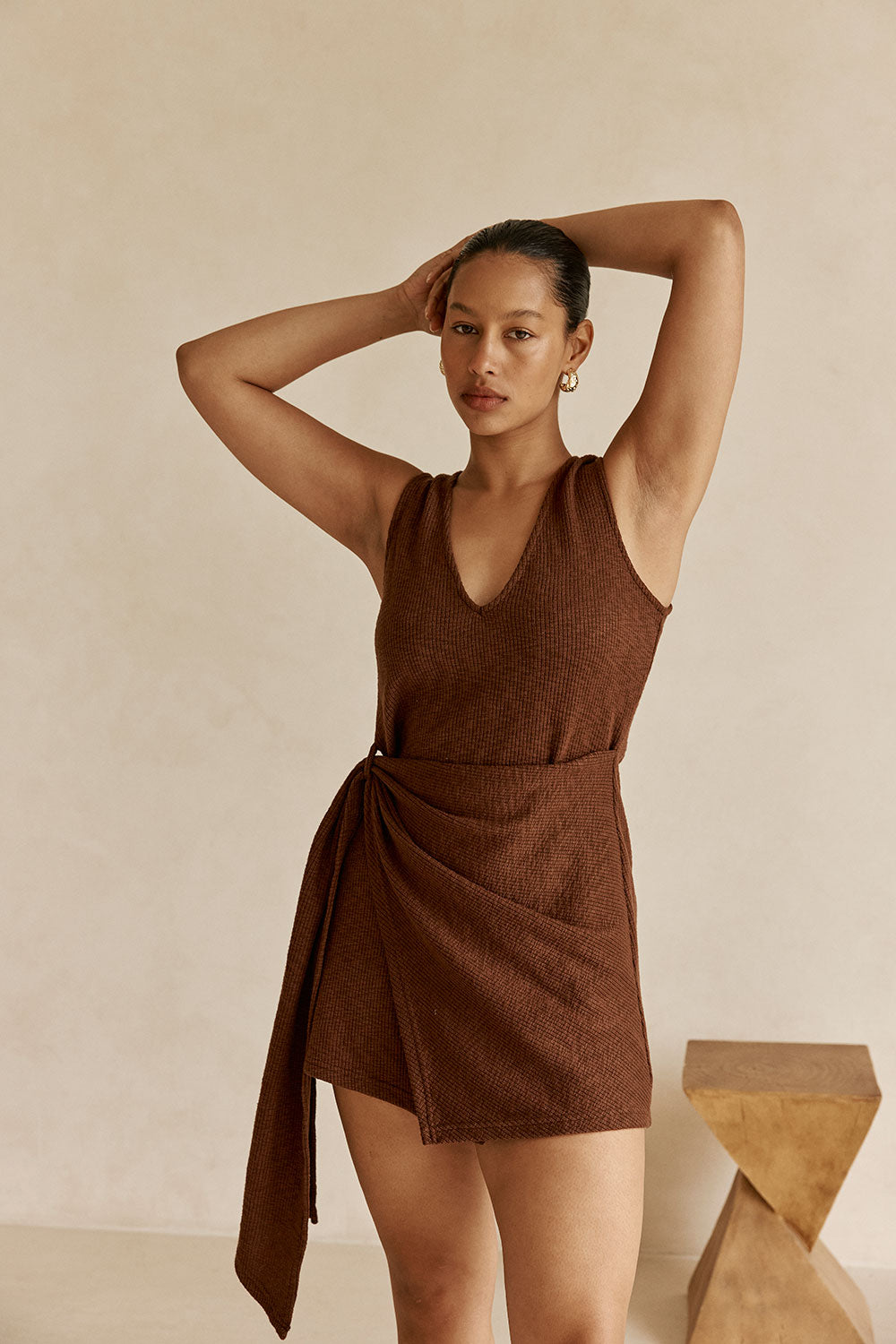 Brown Ribbed V-Neck Wrap Mini Oliana Dress