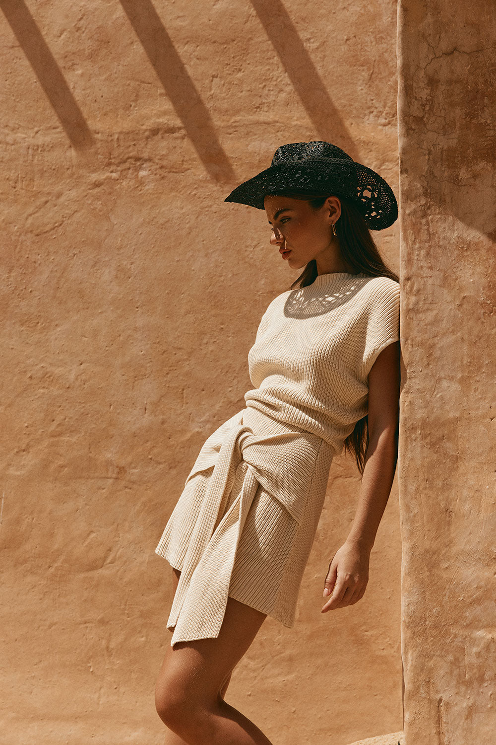Beige Cotton Knit Draped Mini Lovina Dress