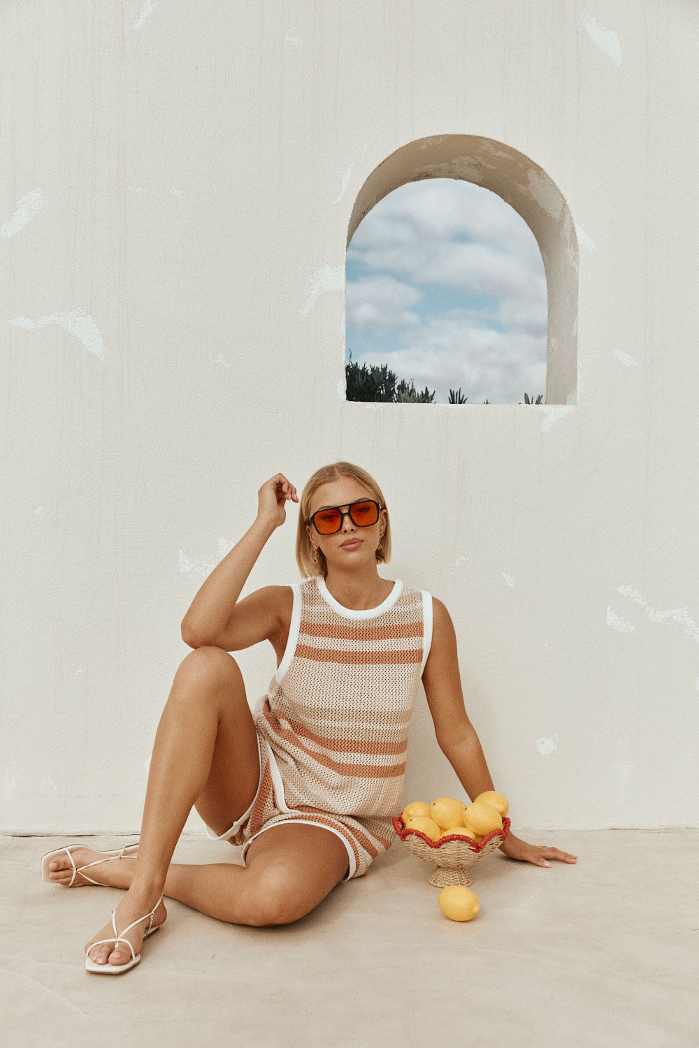 Tan and Cream Stripe Crochet Elastic Kiama Shorts