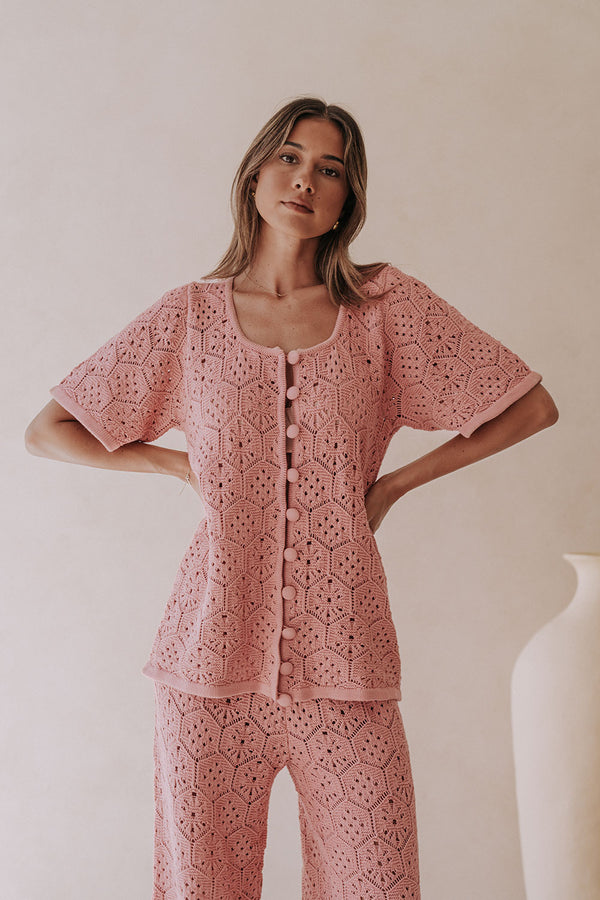 Blush Pink Crochet Knit Button Up Umiko Top