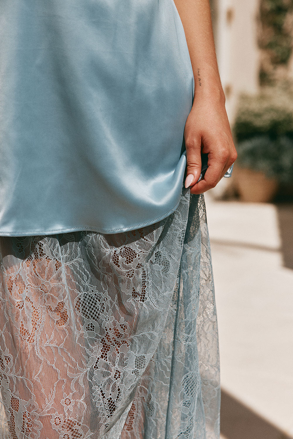 Baby Blue Silky Lace Maxi Dove Dress