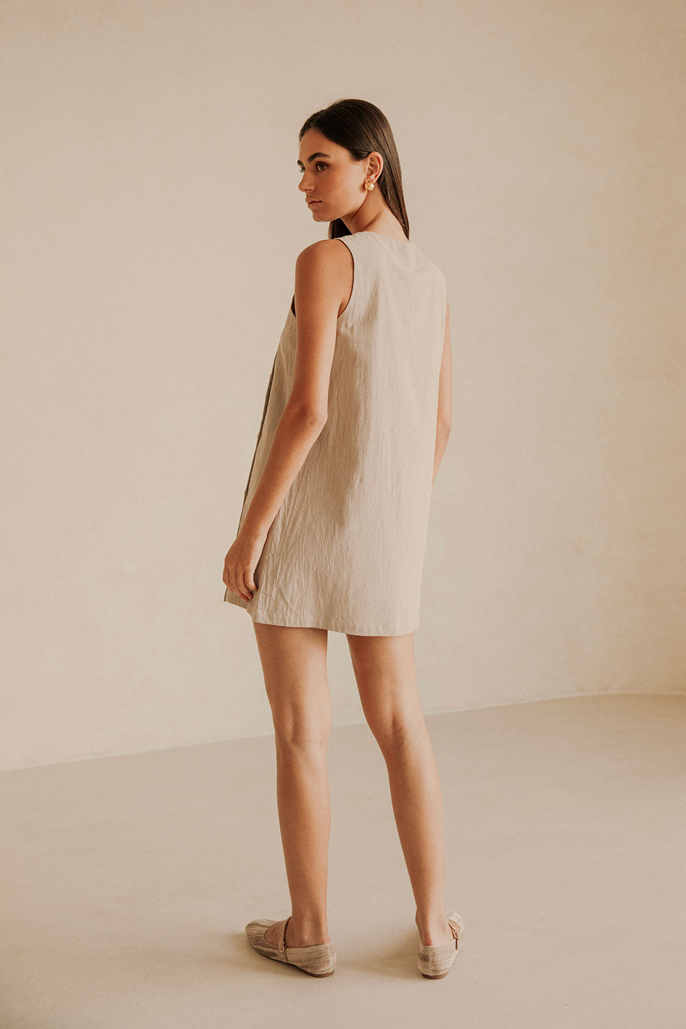 Beige Button Up Wide Strap Pocket Mini Aida Dress