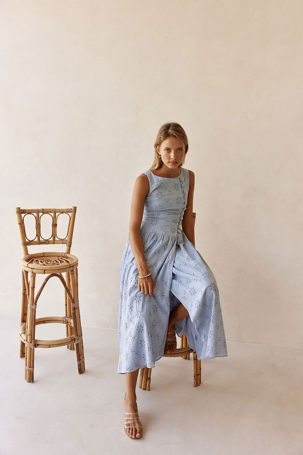 Blue Broderie Button Maxi Odessa Dress