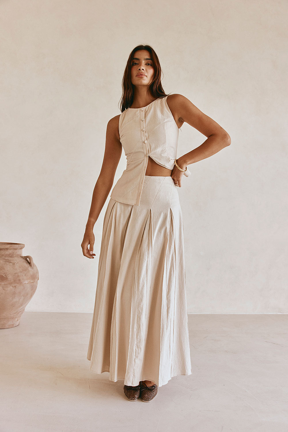 Beige Cotton A Line Pleated Maxi Adri Skirt