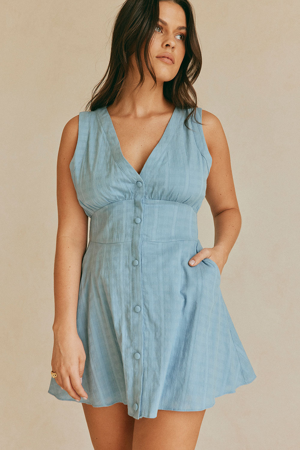 Blue V Neck Button Up Mini Shaelagh Dress