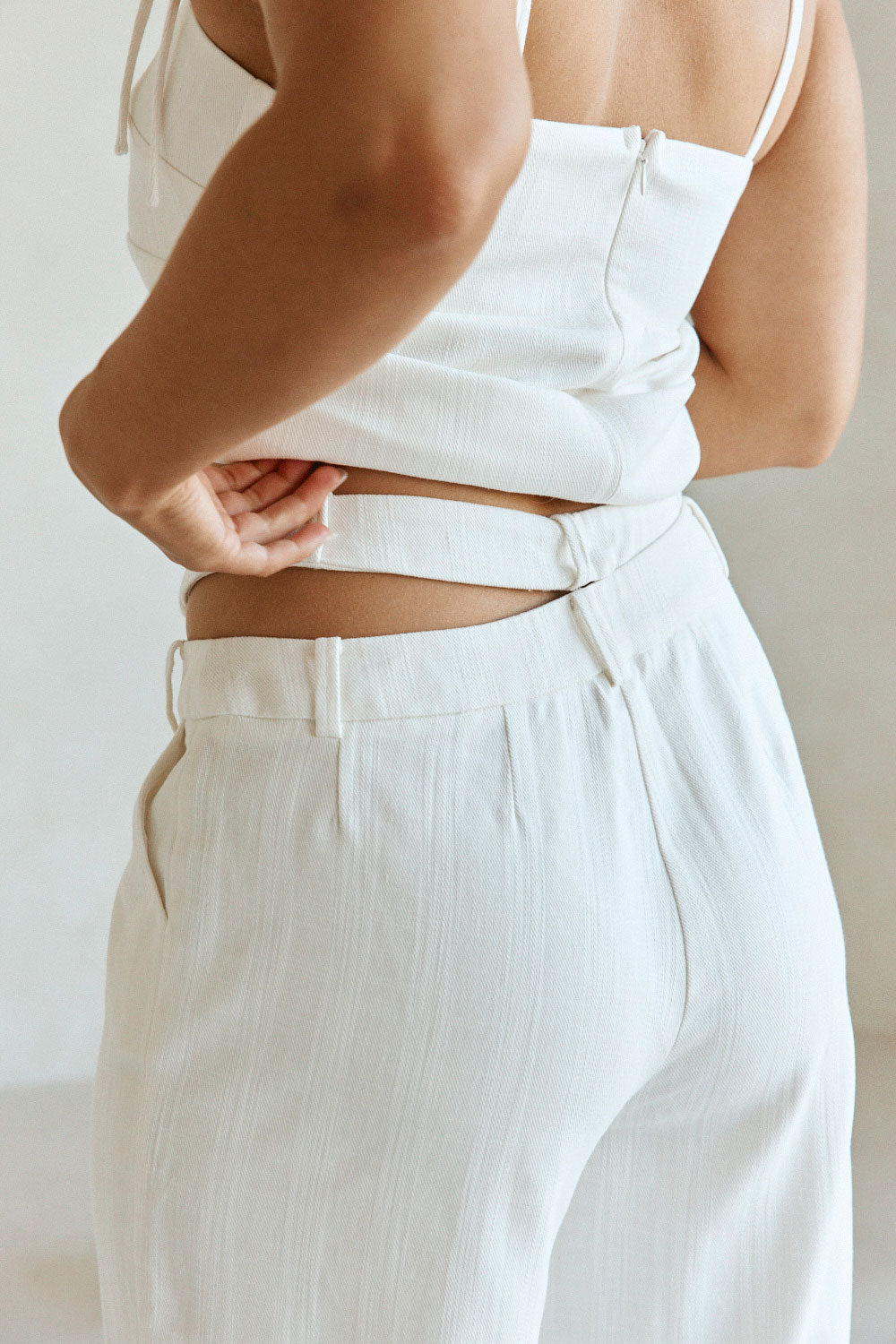 White Cotton Asymmetric Waist Wide Leg Tilda Trouser Pants
