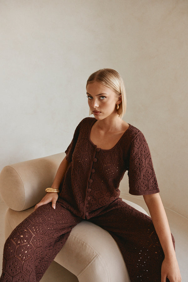 Brown Crochet Knit Button Up Umiko Top