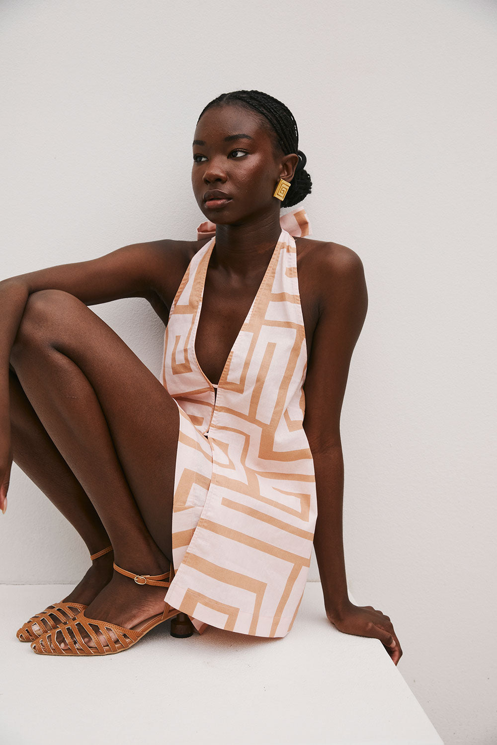 Pink Hellenic Maze Backless V-Neck Halter Mini Alora Dress
