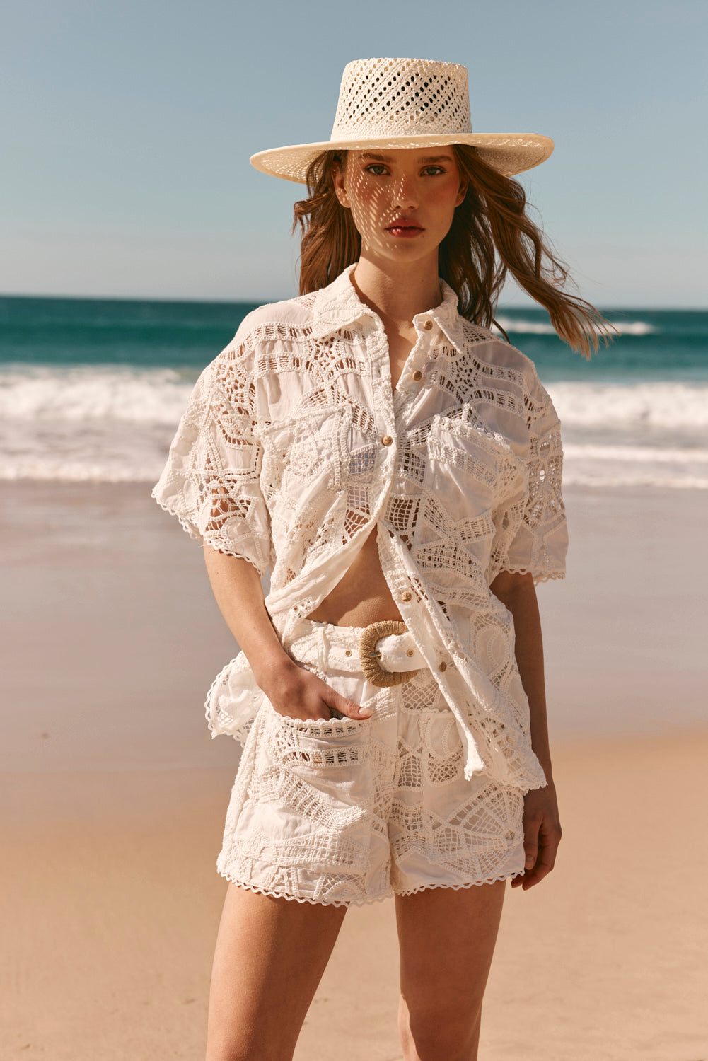 White Embroidered Cutwork Pocket Cielo Shorts
