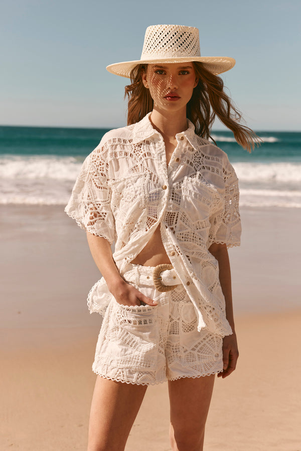 White Embroidered Cutwork Pocket Cielo Shorts