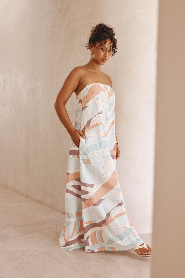 White Halcyon Print Strapless Maxi Noah Dress