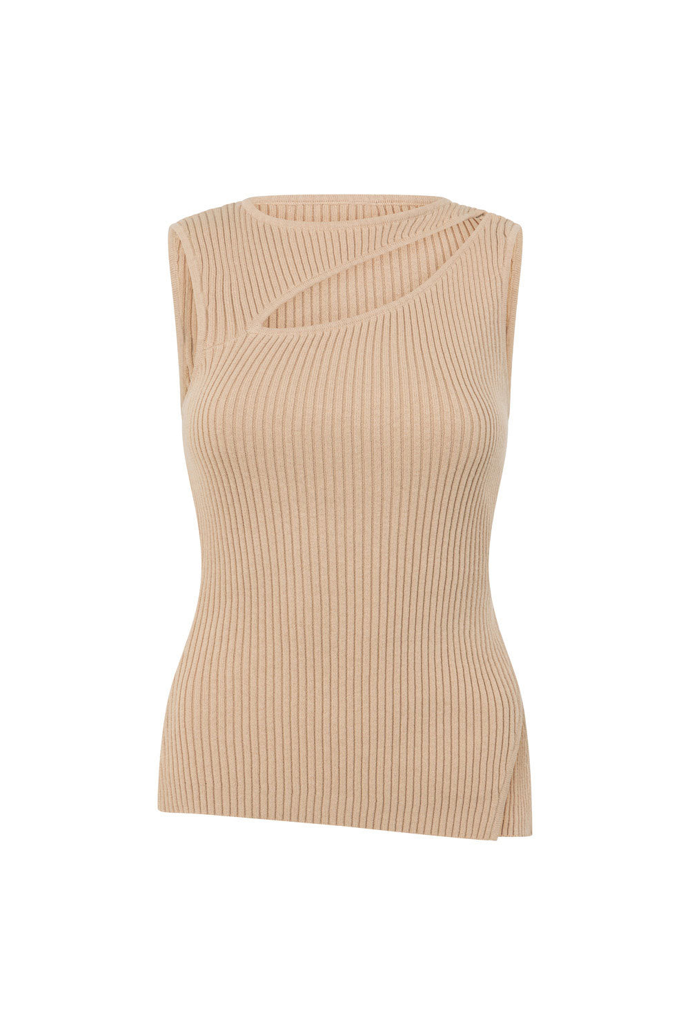 Tan Knit Asymmetric Cutout Side Split Indie Top