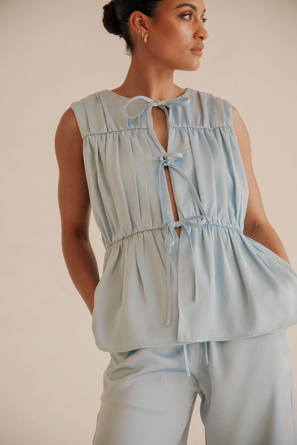 Blue Ruched Panelled Front Tie Juliette Top