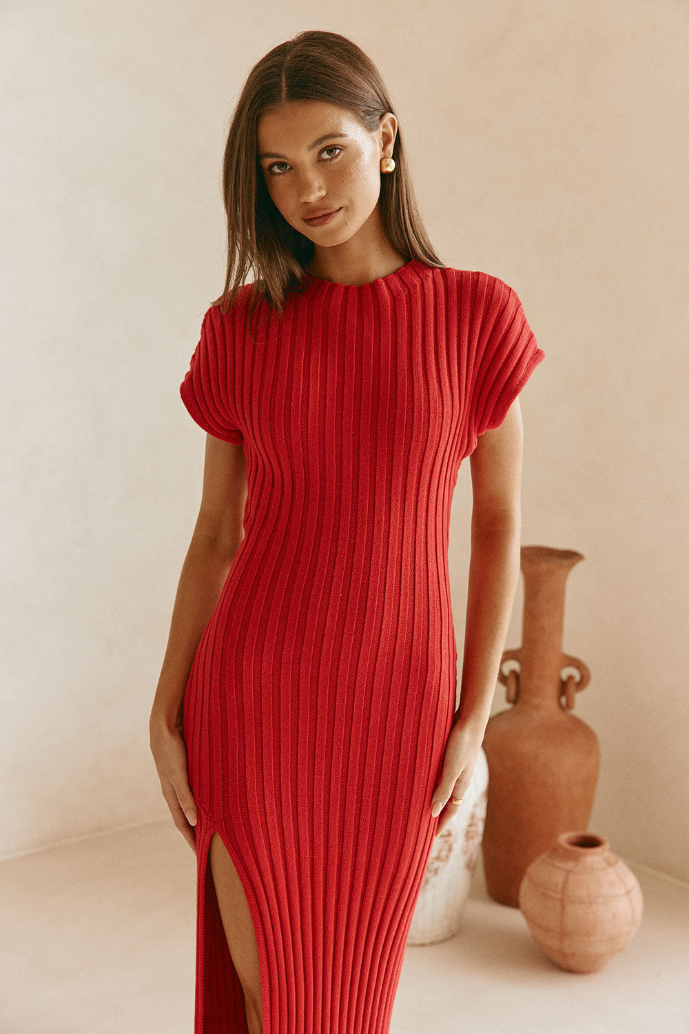 Red Rib Split Maxi Gemini Dress