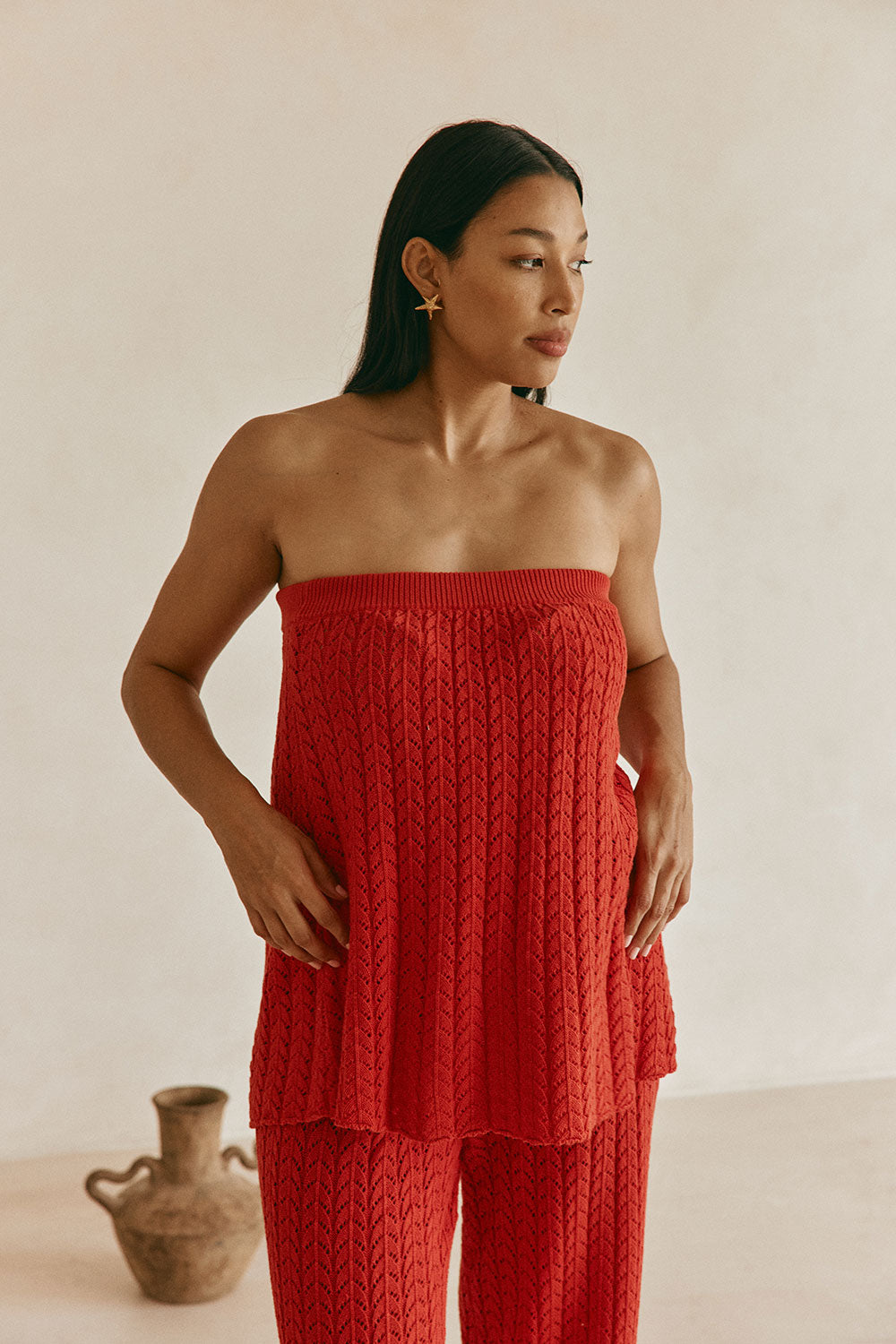 Red Cotton Knit Strapless Athena Top