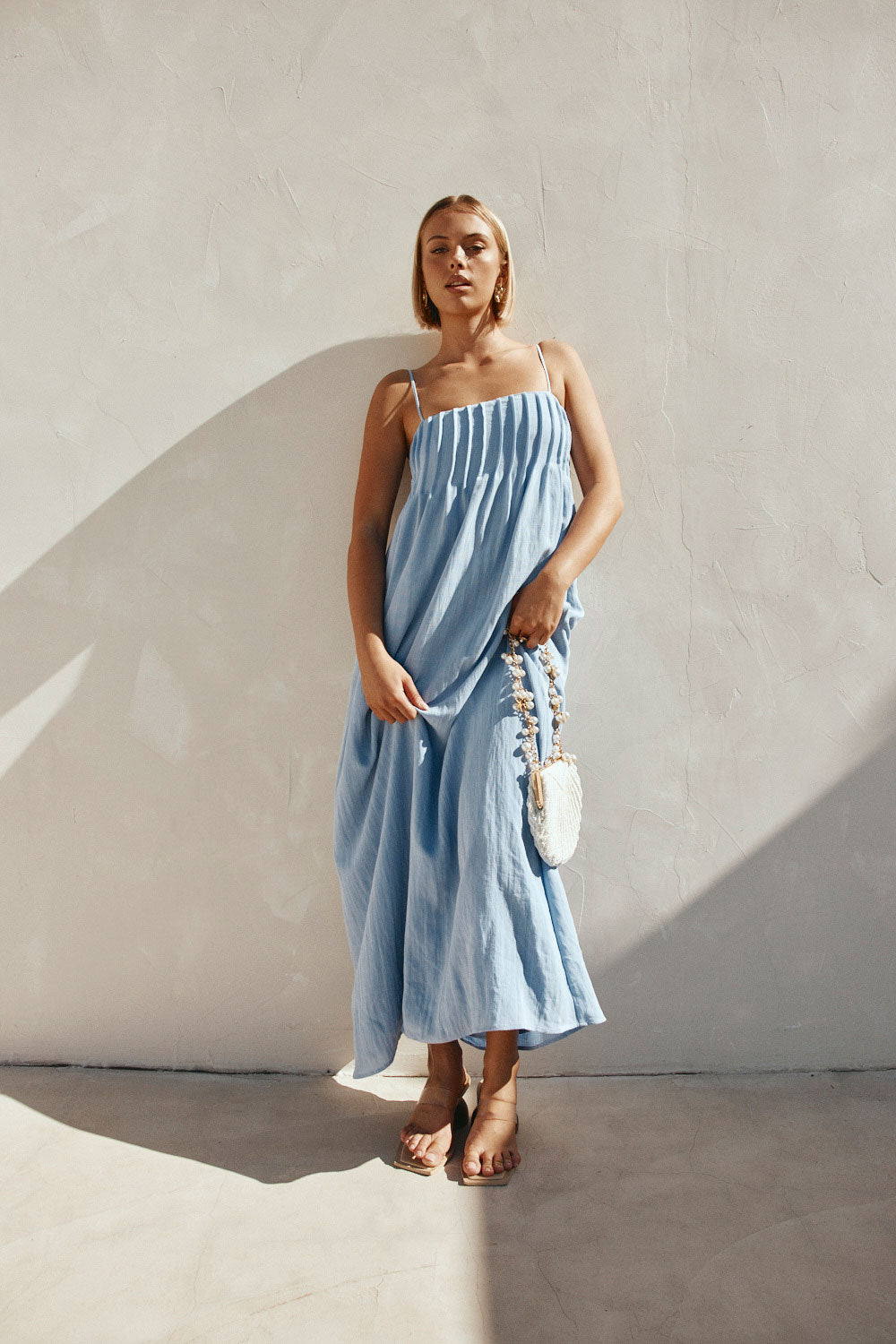 Blue Pin Tuck Pleat Maxi Ada Dress