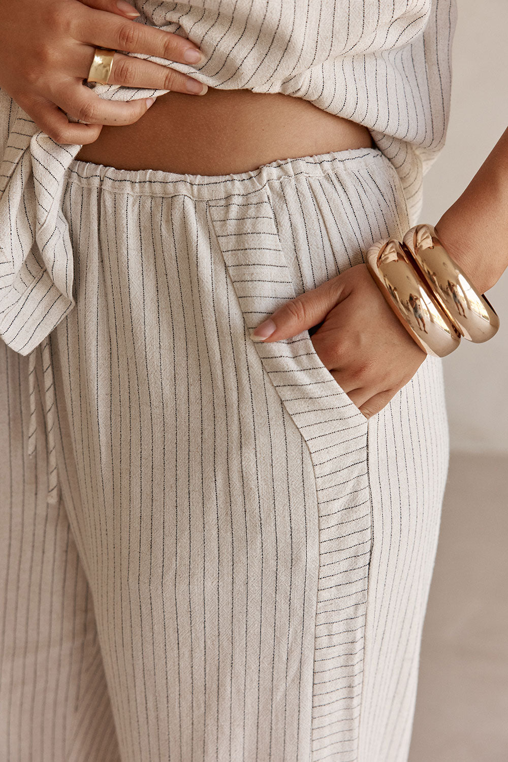 Cream and Black Pinstripe Drawstring Capri Pants