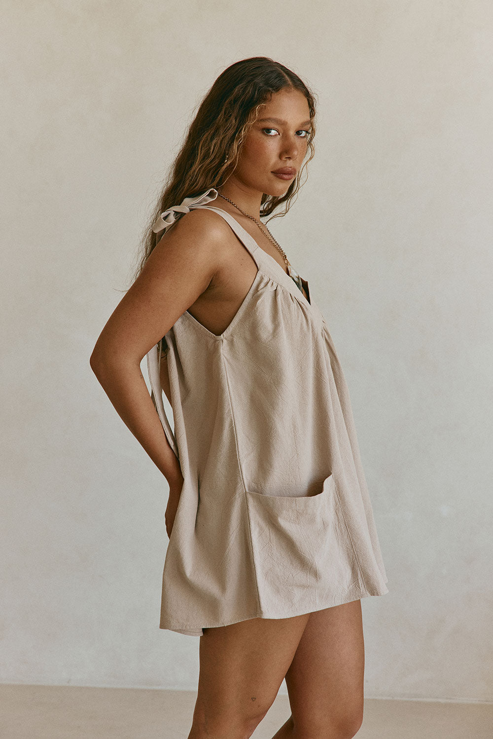 Beige Bow Boxy Wrenley Dress