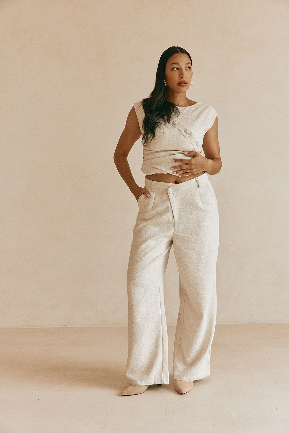 Beige Asymmetric Waist Straight Leg Azul Trouser Pants