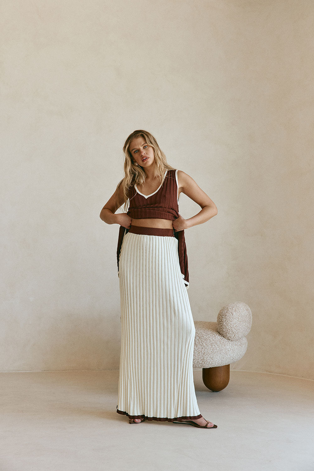 Cream Ribbed High Waist Silla Skirt