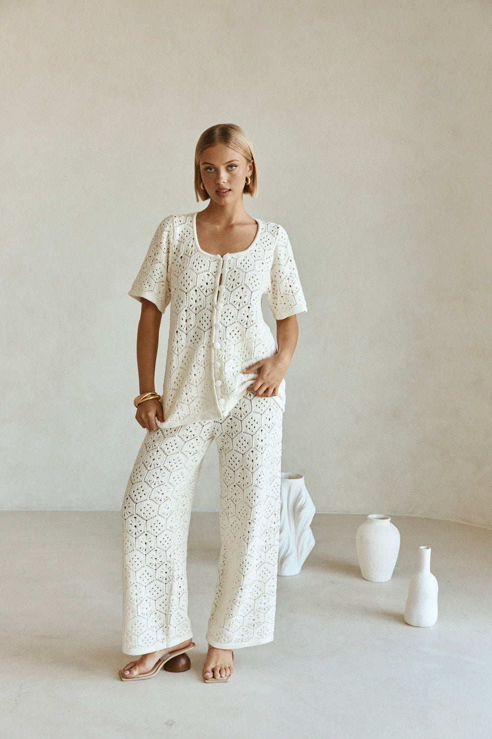 Cream Crochet Knit Button Up Umiko Top
