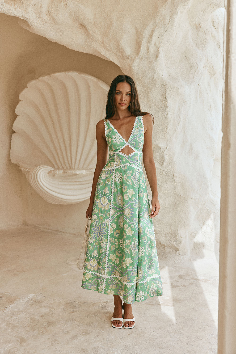 Green Floral Heritage Print V Neck Maxi Evia Dress