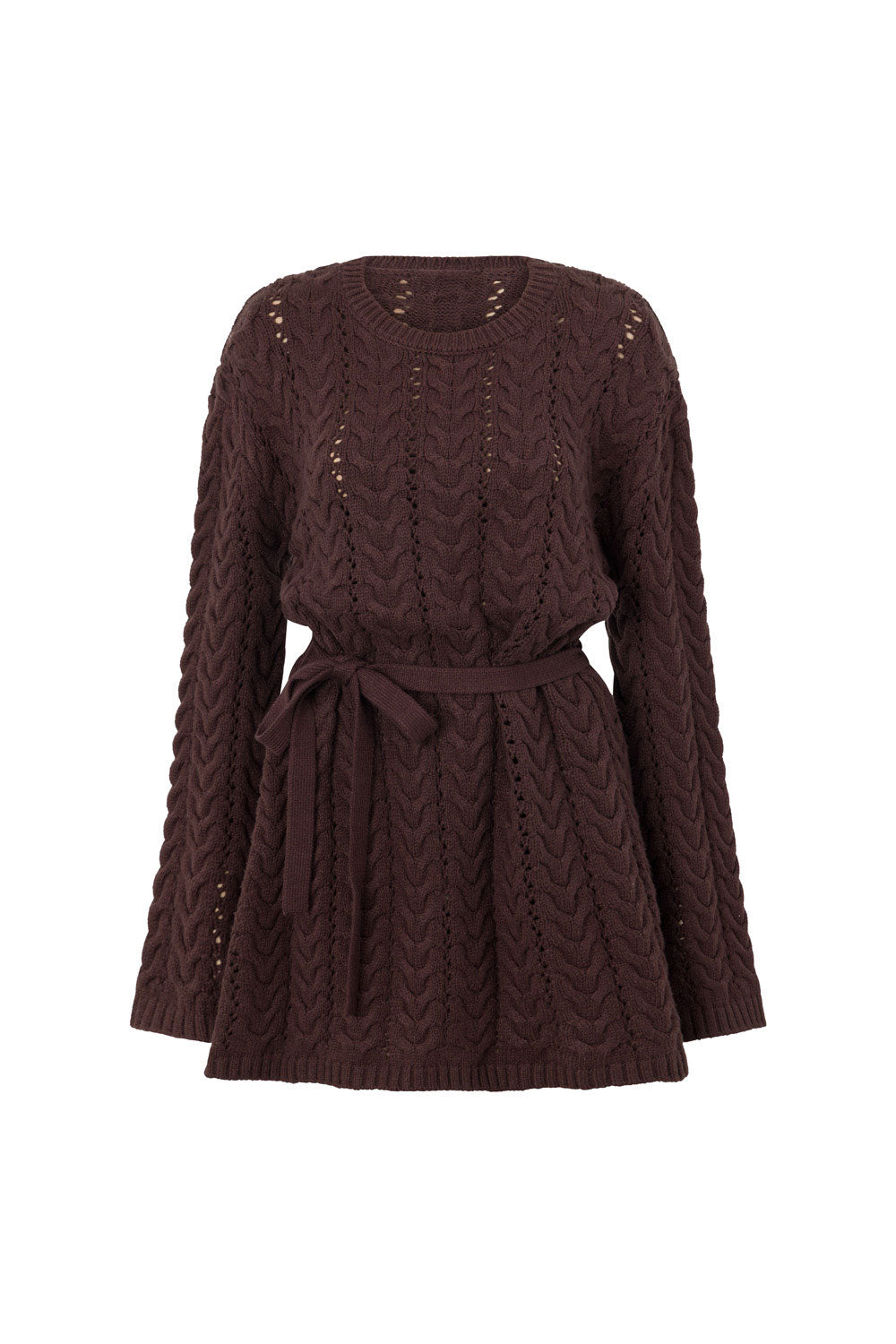 Brown Cable Knit Long Sleeve Tie Mini Sophie Dress