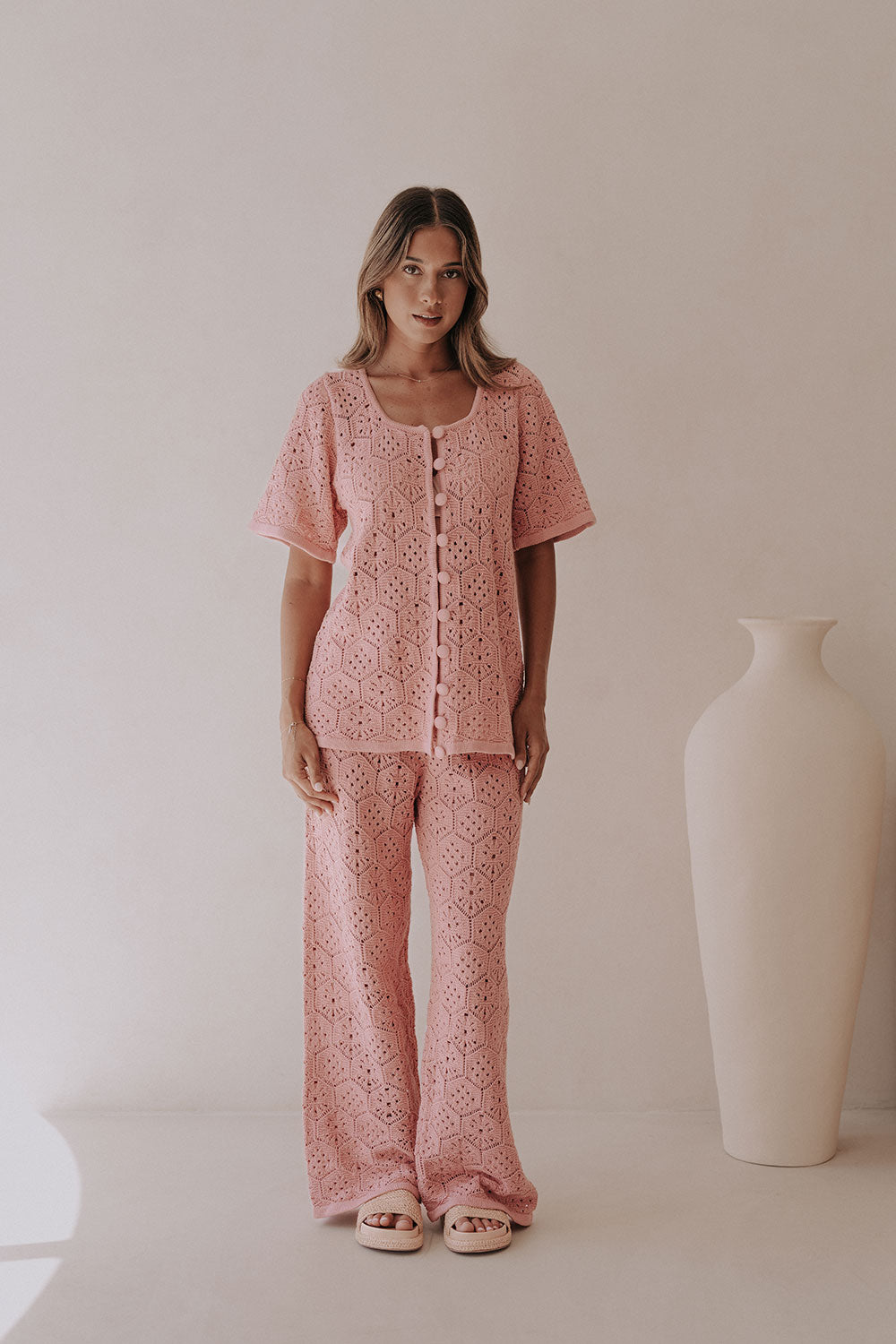 Blush Pink Crochet Knit Button Up Umiko Top
