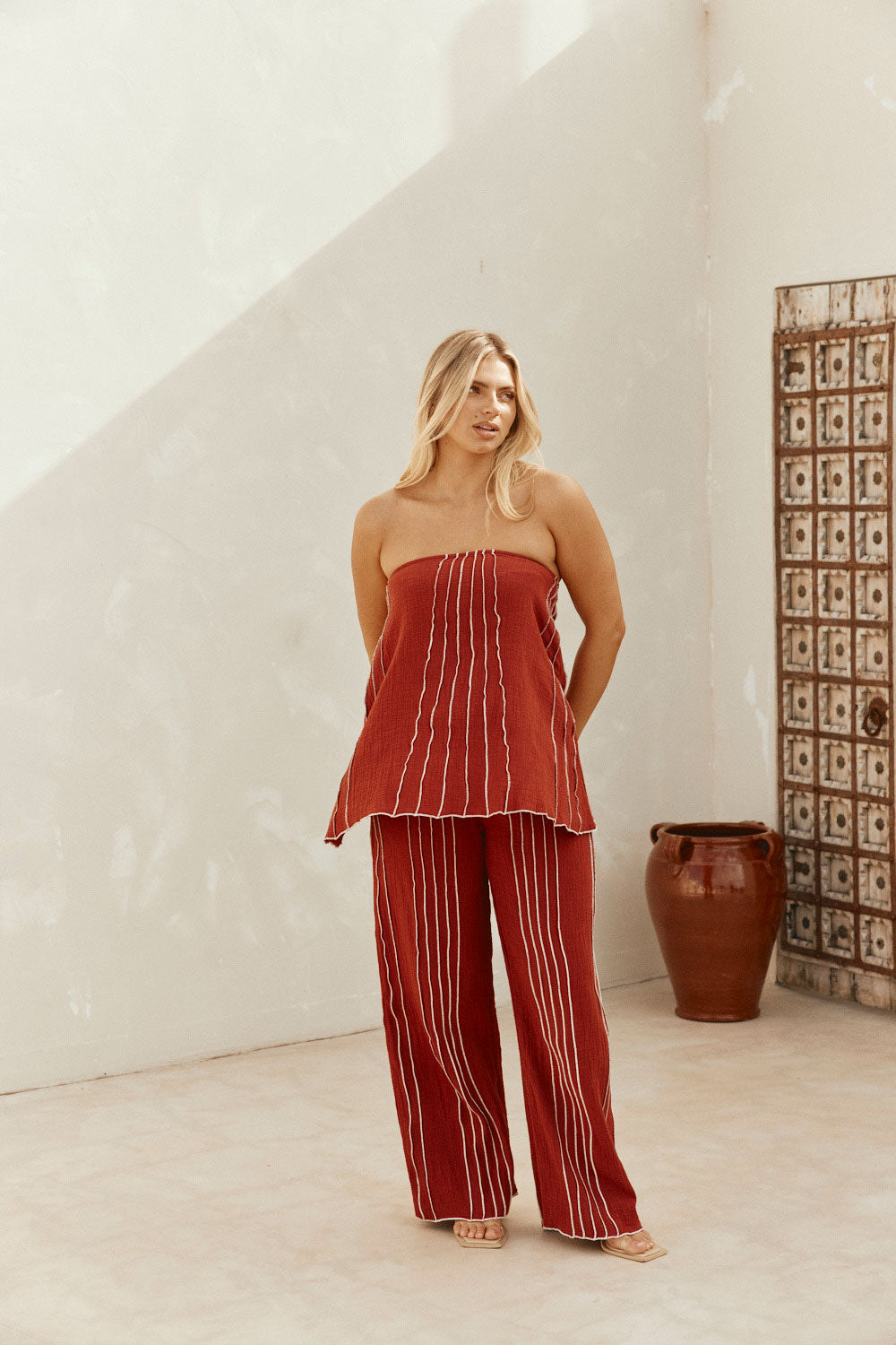 Merlot Red Cotton Elastic Drawstring Emilia Pants