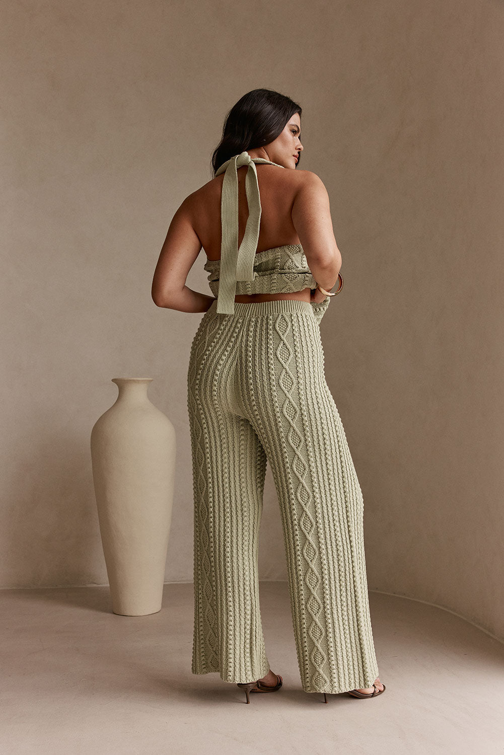 Green Cotton Knit High Waist Azari Pants
