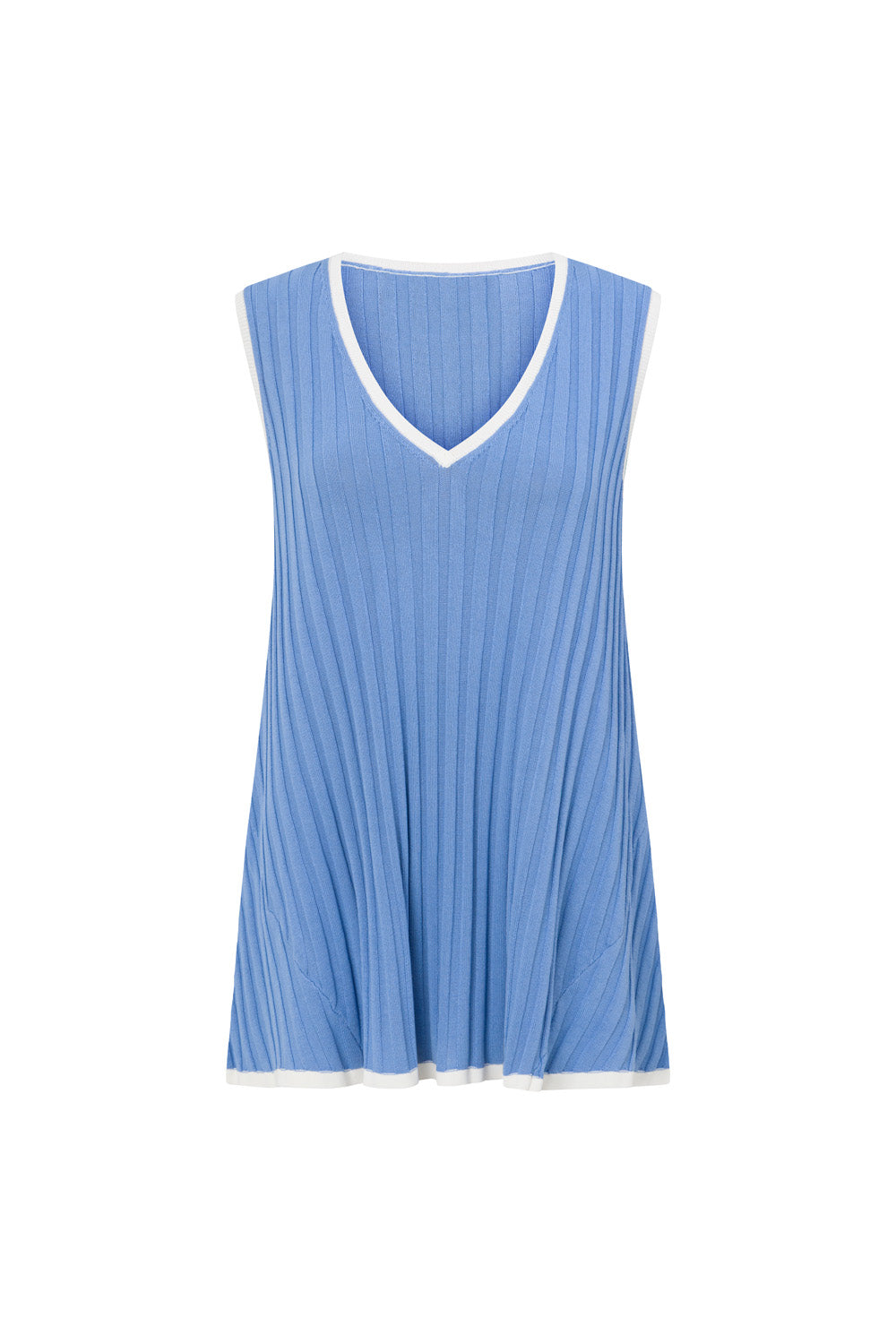 White and Blue Ribbed V Neck Silla Top