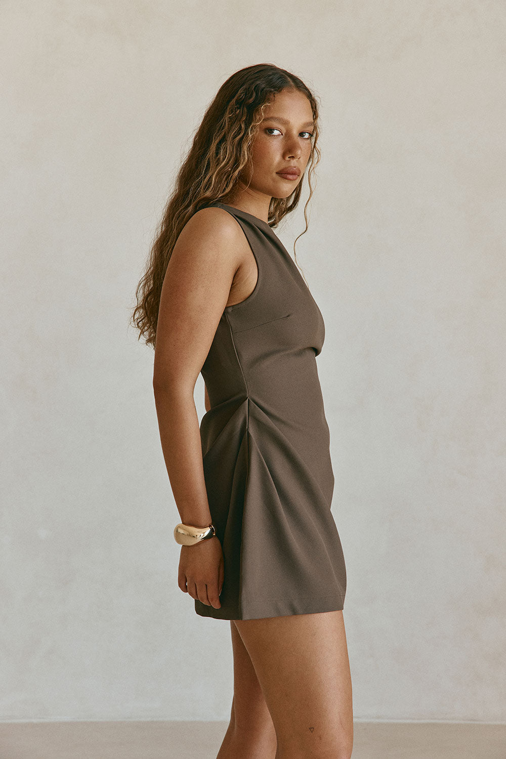Chocolate Brown Gathered Mini Camellia Dress