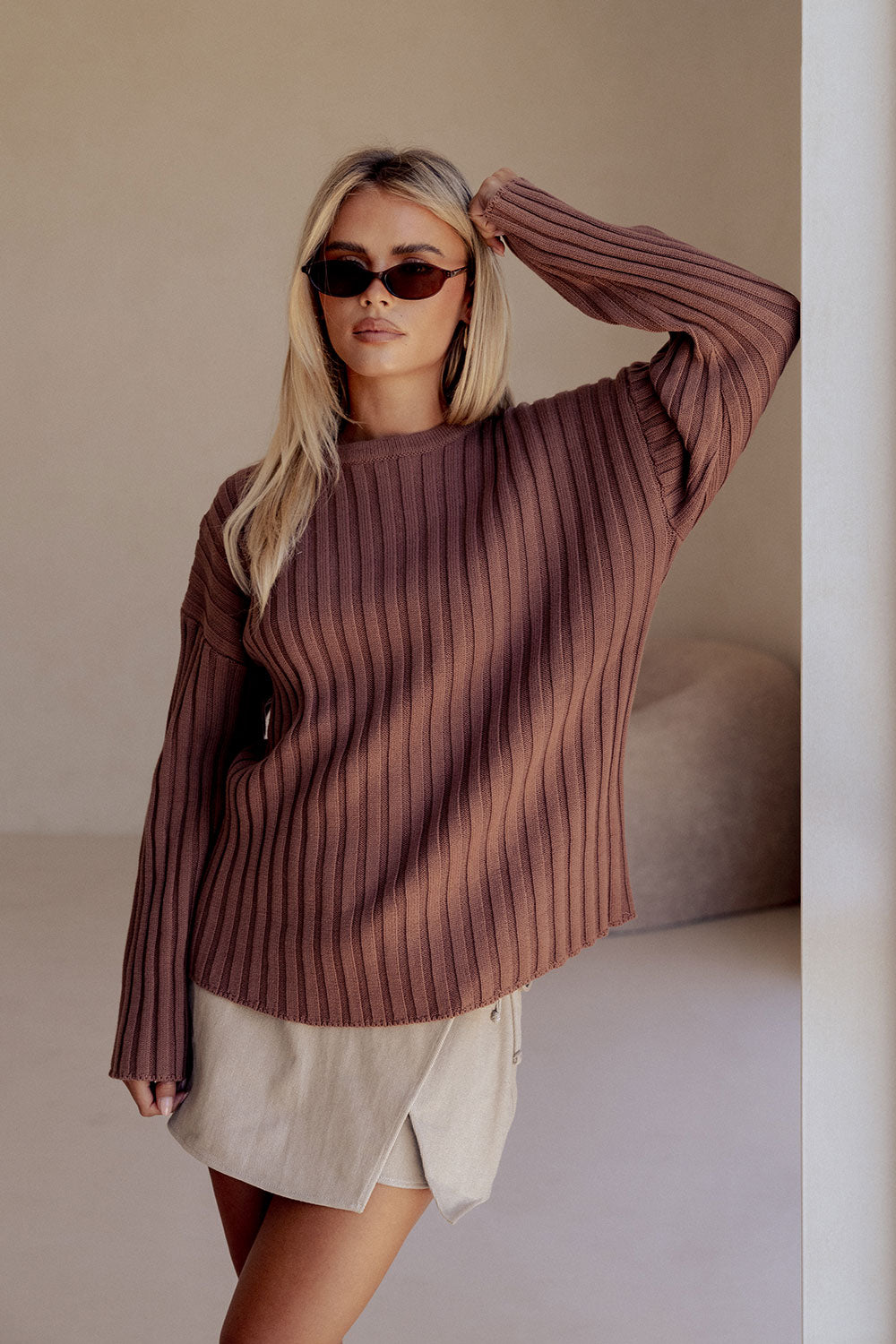 Chocolate Brown Ribbed Knit Jali Top