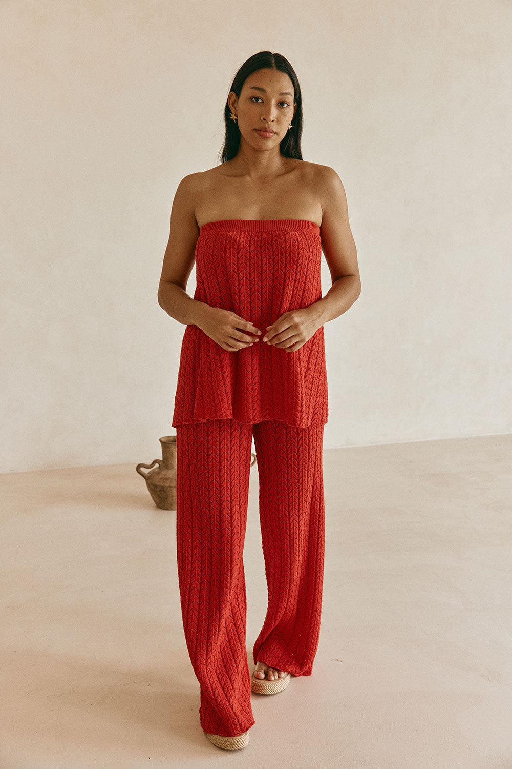 Red Cotton Knit Strapless Athena Top