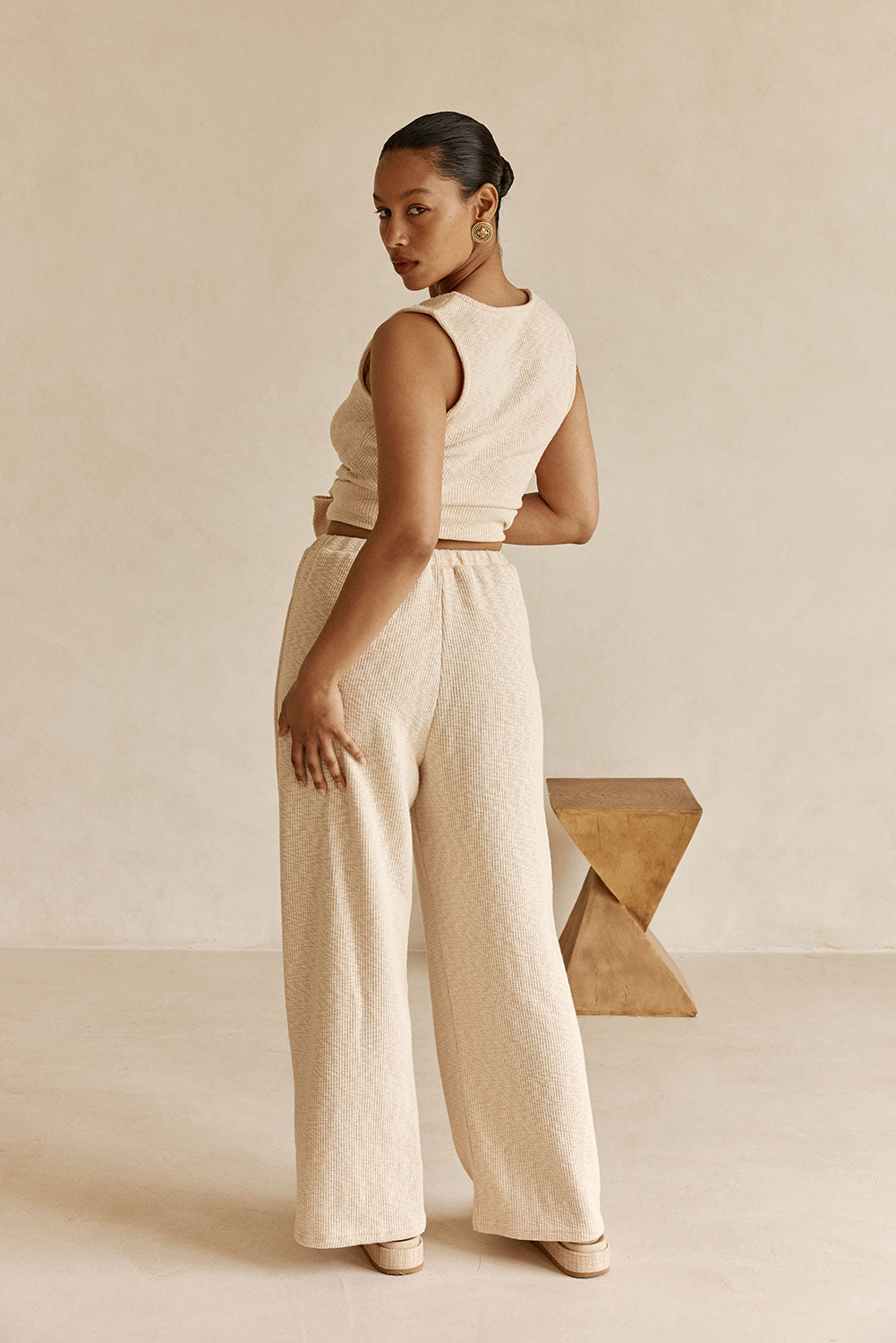 Beige Ribbed High Waist Liora Pants