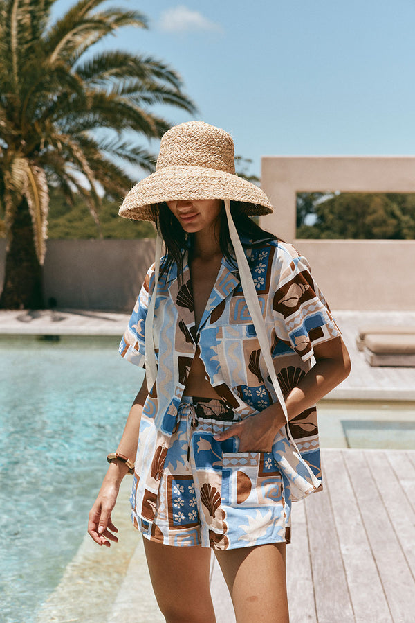 Blue Solis Print Elastic Drawstring Indra Shorts