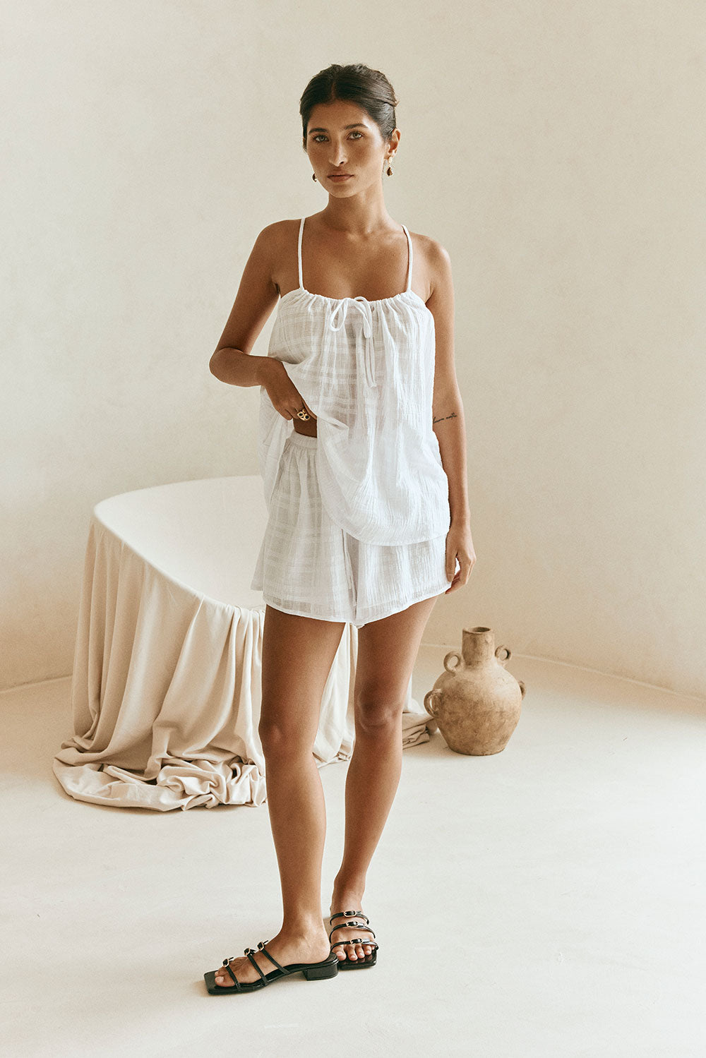 White Plaid Elastic Drawstring Jetta Shorts