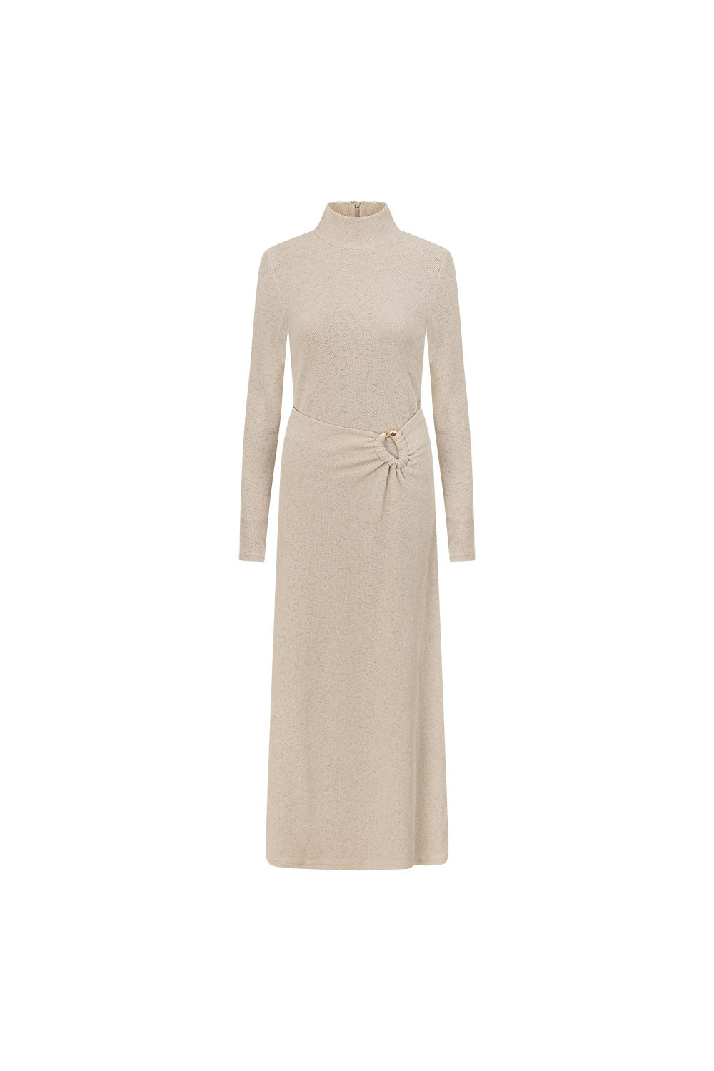 Beige High Neck Long Sleeve Fitted Maxi Simone Dress