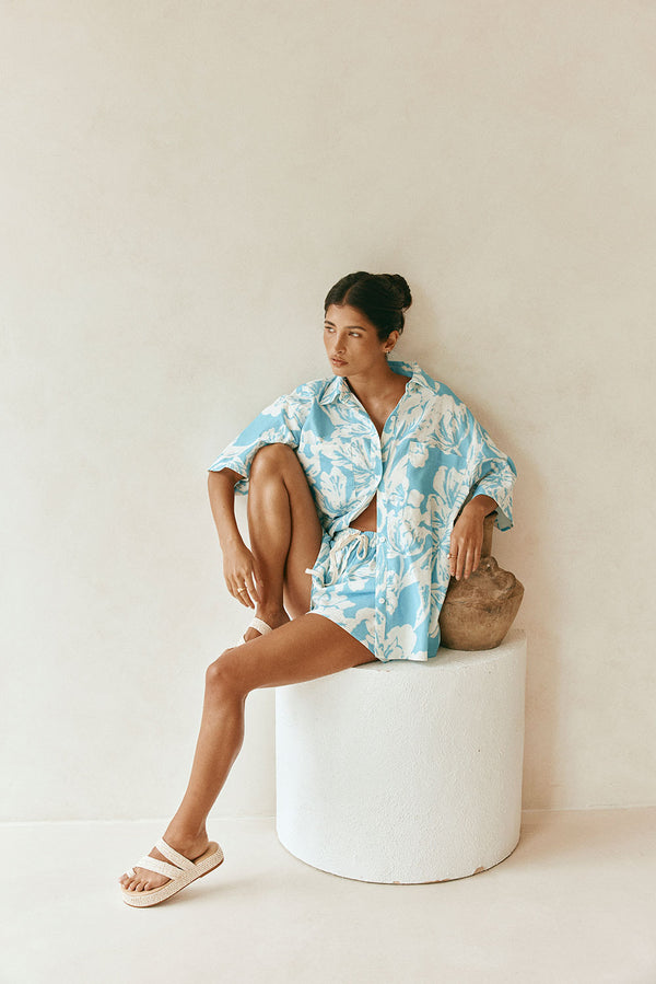 White Floral Short sleeve Button Up Tahlee Top
