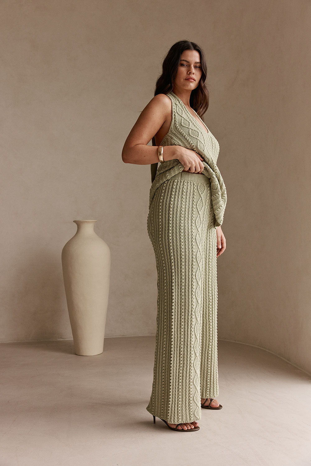 Green Cotton Knit High Waist Azari Pants