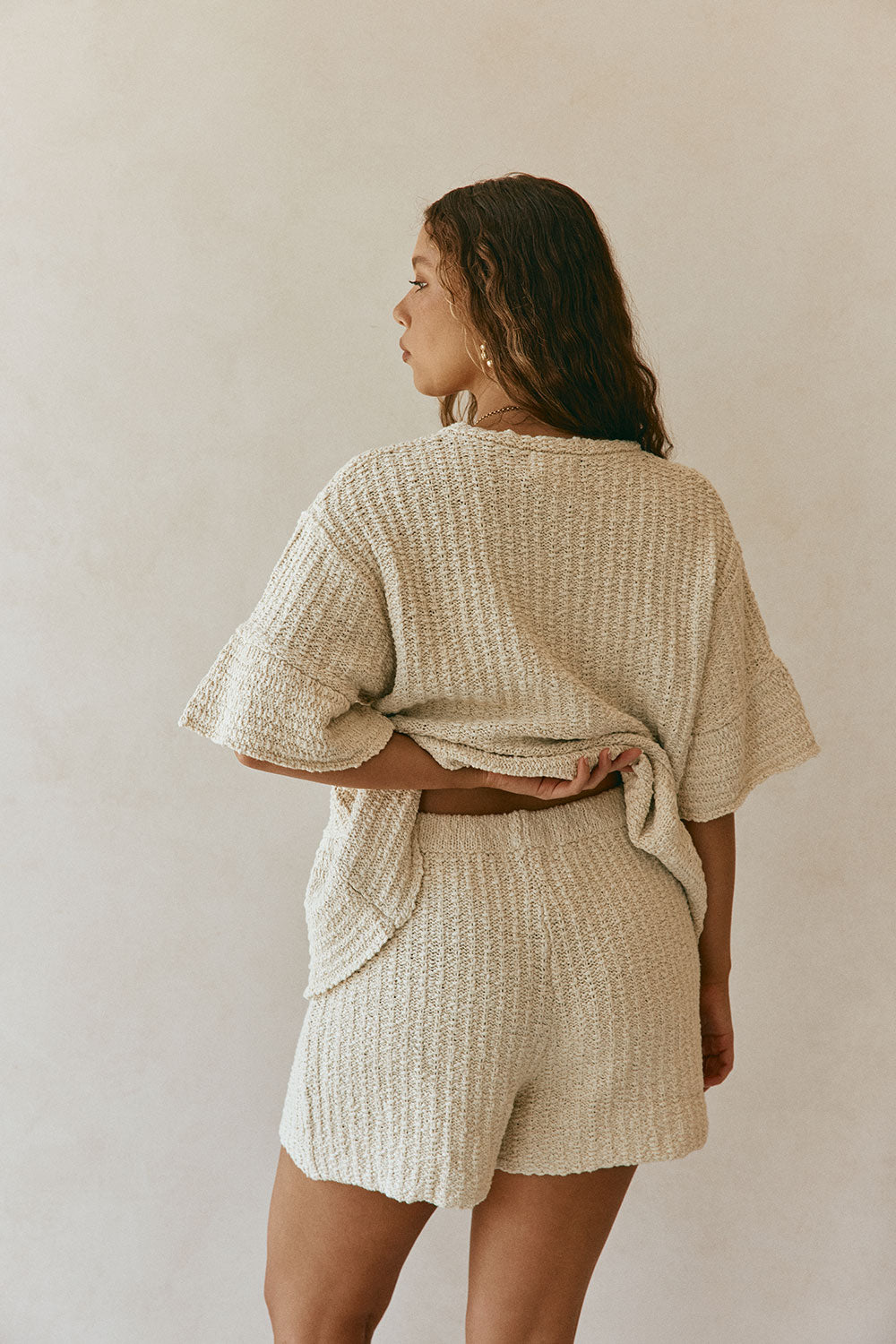 Beige Woven Knit Elastic Trisha Shorts