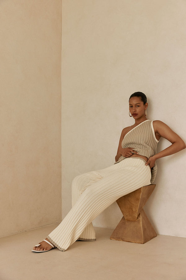White Ribbed High Waist Aylani Pants