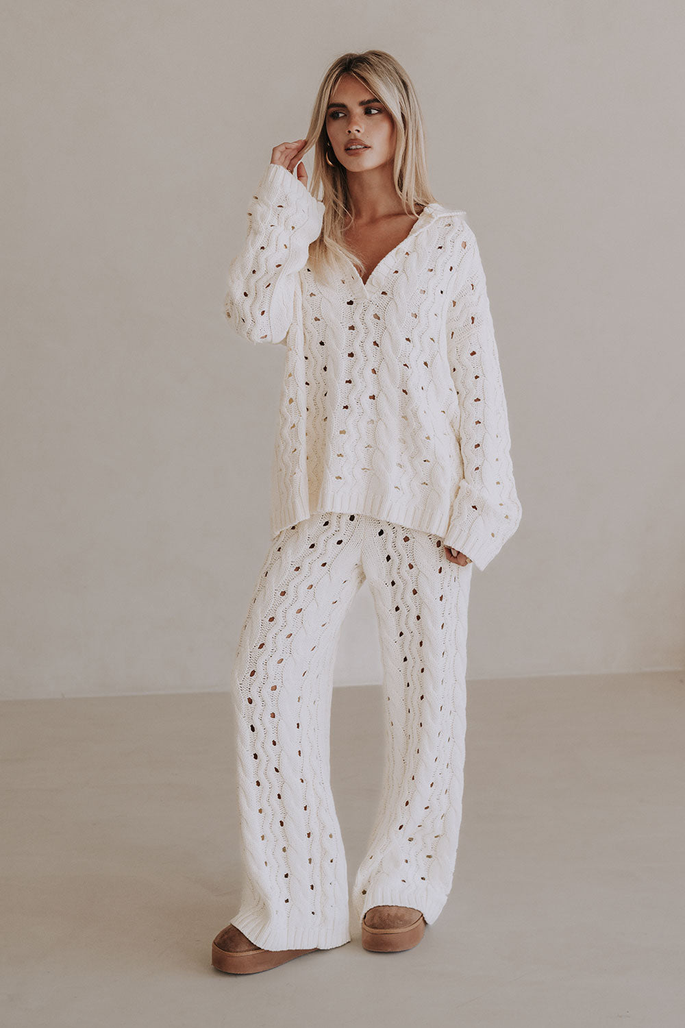 Cream Cable Knit High Waist Wide Leg Elana Pants