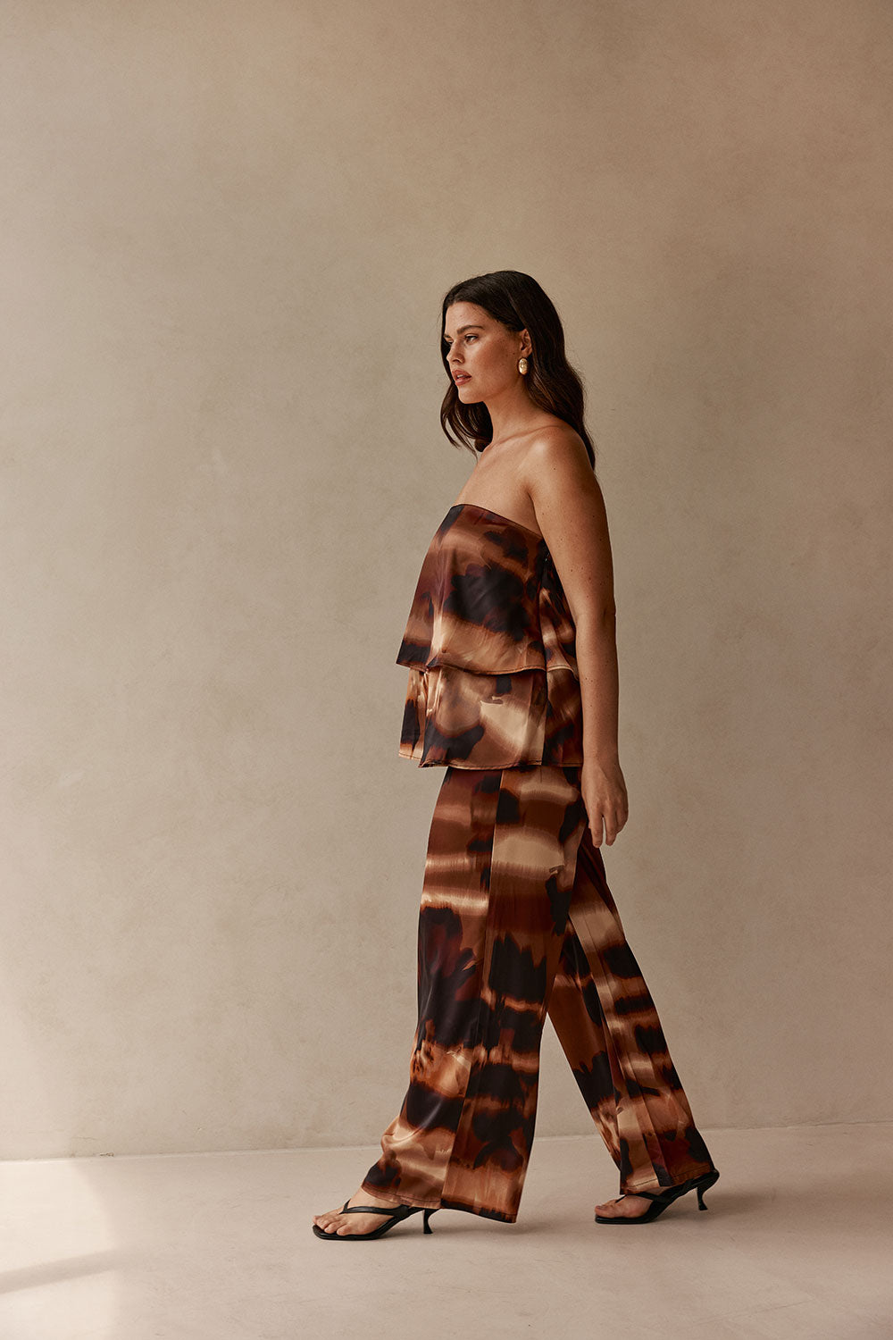 Brown Mirage Bloom Print Satin Elastic Drawstring Fabi Pants