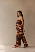 Brown Mirage Bloom Print Satin Elastic Drawstring Fabi Pants