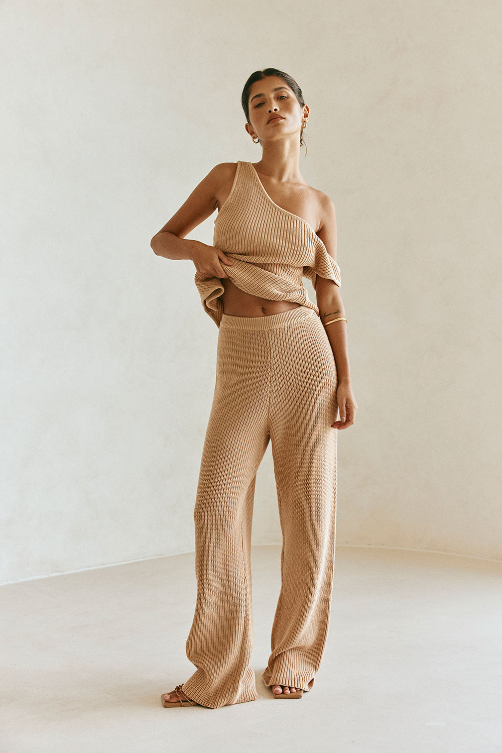 Tan Knit High Waist Elastic Sienna Pants