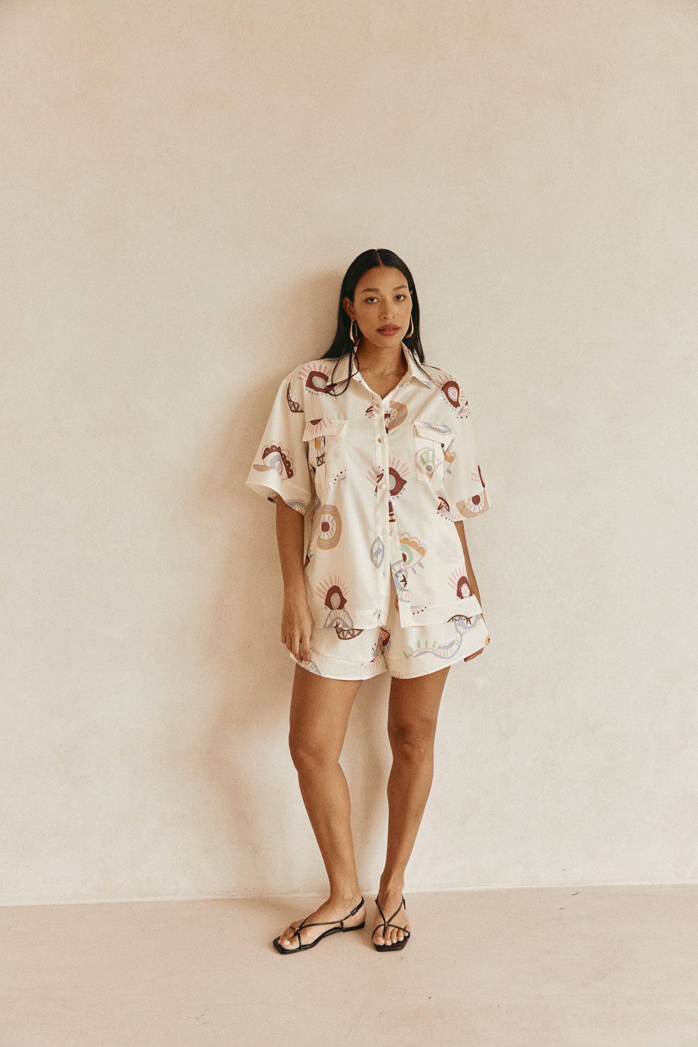Cream Matia Print Button Up Marika Top