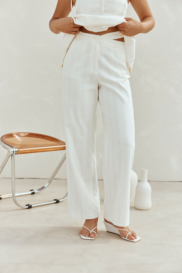 White Cotton Asymmetric Waist Wide Leg Tilda Trouser Pants